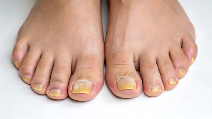 Yellow toenails fungal infection feet closeup