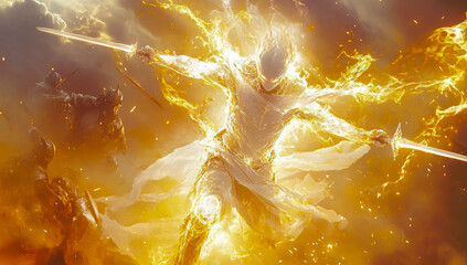 The movie still features a brilliant white humanoid figure formed by bright light, its entire body adorned with golden flames, dynamically holding two swords in each hand,