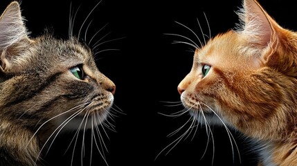 Feline Face-Off: A captivating portrait of two cats, a tabby and a ginger, facing each other against a stark black background, their eyes meeting in a silent yet intense gaze.