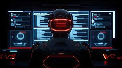Cybernetic Sentinel: A futuristic robot analyzes data on a multi-monitor system, glowing with vibrant red and blue hues.