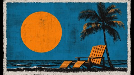 Tranquil Sunset Beach Scene: Palm Tree, Adirondack Chair, and Orange Sun