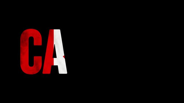 White canada text and canadian flag double exposure animation appearing on black background. Concept of canada day and national flag