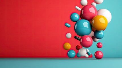Abstract Colorful Spheres and Capsules Falling on Red and Teal Background