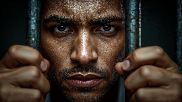 Brooding reflection behind bars on justice and guilt