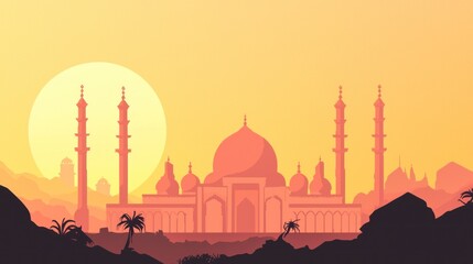 Silhouette of a desert mosque complex at sunrise.