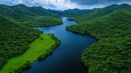 Serene River Winding Through Lush Green Mountains