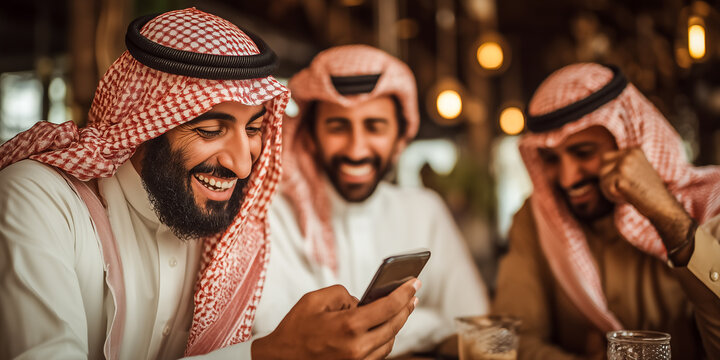 Arab businessmen having fun using mobile phone in cafe - Powered by Adobe