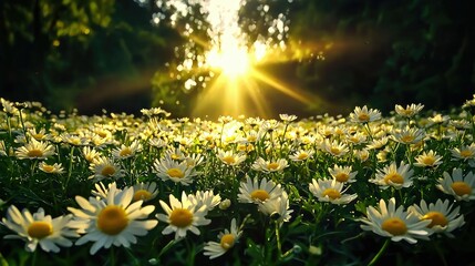 Sunlit Daisy Meadow: A Golden Hour Delight