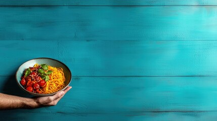 Delicious Pasta Dish Served on Teal Wooden Background
