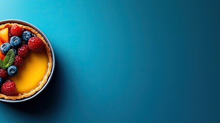 Delicious Lemon Tart with Fresh Berries on Teal Background