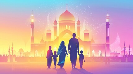 Silhouette of a family walking towards a mosque.