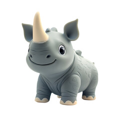 Fototapeta premium A rubber toy rhinoceros stands centered isolated on white or transparent background, showcasing its smooth inflated texture and friendly demeanor
