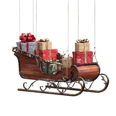 Rustic Wooden Christmas Sleigh Filled with Presents Hanging on Strings