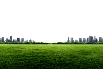 Green grassy field with city skyline and urban park isolated on transparent background
