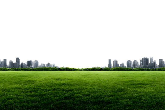 Green grassy field with city skyline and urban park isolated on transparent background