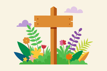 Blank Wooden Signpost in a Lush Floral Garden