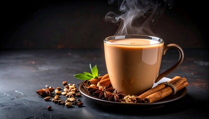 Steaming chai latte in a glass mug with spices and dark backdrop, and cozy mood.