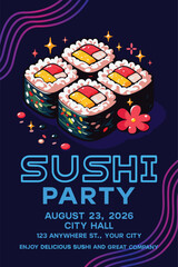 Sushi party poster with colorful sushi rolls illustration, cute japanese food design for restaurant event flyer or asian cuisine festival advertisement