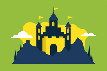 Naklejka premium Cartoon vector illustration of a medieval fantasy castle on a hill at night