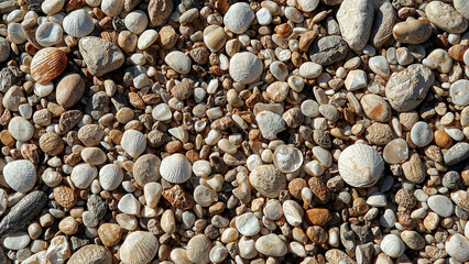 Coastal treasures mosaic -  A diverse collection of seashells and pebbles, creating a mosaic of natural beauty and a testament to the coast. Captured in a close-up.
