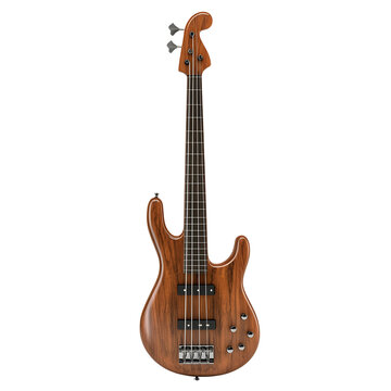 A wooden electric bass guitar stands upright isolated on white or transparent background
