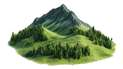 3d render of a lush green mountain landscape with evergreen trees isolated on transparent background