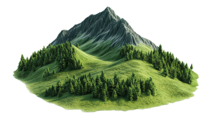 3d render of a lush green mountain landscape with evergreen trees isolated on transparent background