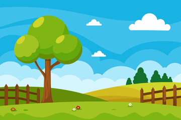 Vibrant summer landscape with green trees and rolling hills under a blue sky