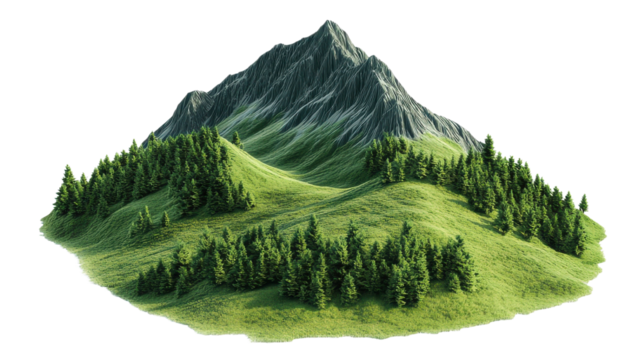 3d render of a lush green mountain landscape with evergreen trees isolated on transparent background