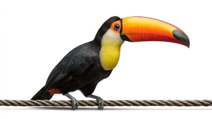 Toucan perched on rope against white