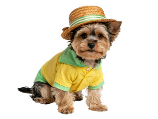 Adorable yorkshire terrier puppy wearing yellow shirt and straw on transparent background