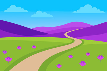 Obraz premium Serene Purple Hills Landscape Winding Road and Blooming Flowers
