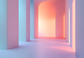 Modern Pastel Interior with Arched Walls and Soft Lighting

