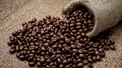 Fototapeta premium Rich coffee beans cascading from a burlap sack