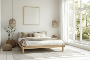Low-profile white wooden bed frame in modern bedroom with natural light, large windows, tan pillows, and neutral color scheme