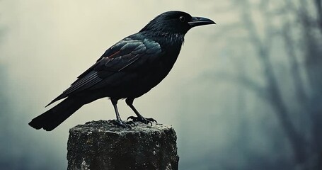 A solitary black crow perched on a dark stump against a misty forest background. - Powered by Adobe