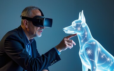 Senior man wearing vr headset petting hologram dog in metaverse. High quality