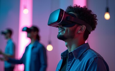 Young man wearing virtual reality headset exploring metaverse universe. High quality