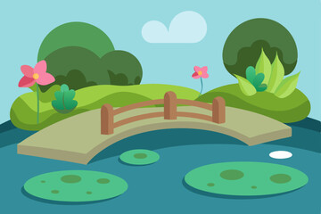 Obraz premium Vibrant summer landscape with a serene pond, green trees, and clear sky