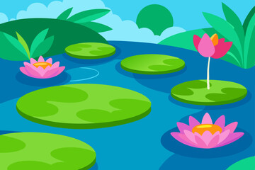 Pink water lilies gracefully bloom on the pond's surface, their vibrant petals and lush green leaves reflecting the tranquil beauty of nature's aquatic garden