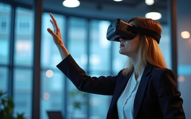 Female executive exploring virtual reality simulation within modern office space. High quality