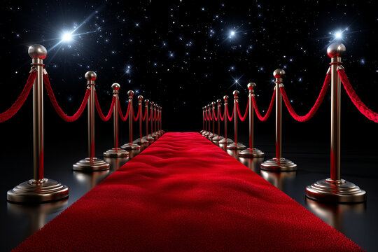 Elegant Red Carpet Event with Stanchion and Starry Sky Background for Award Ceremony and Exclusive Gala Night Celebration