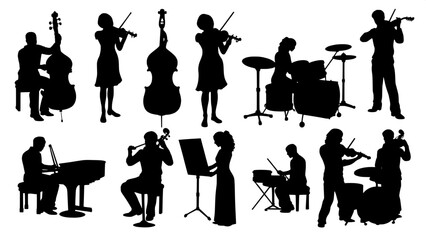 “Flat black silhouettes of a musical ensemble on white, showcasing various classical and modern instruments in structured, repetitive poses—no perspective or depth, just shape and form.”