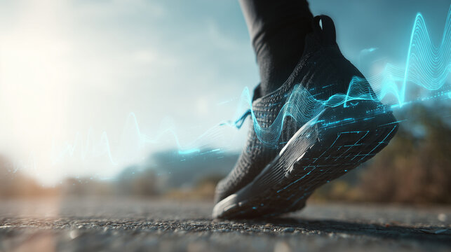 Runner s shoe with glowing digital data streams representing fitness tracking