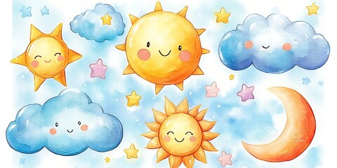 Set of cute watercolor clouds and suns with a smiling moon, and weather concept. Adorable watercolor artwork featuring a set of fluffy clouds and glowing suns, all with endearing smiles