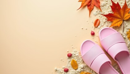 Pink Slides Surrounded by Autumn Leaves and Sand on Soft Gradient Background