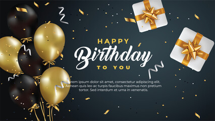 happy birthday greeting template with balloon, birthday flag and glitter