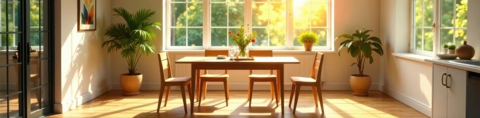Bright dining area with sunlit wooden table and chairs, space, meal
