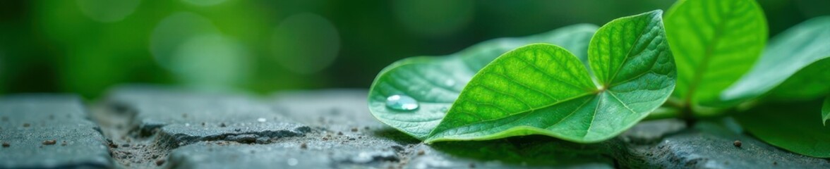 Jade green leaf, glistening wet, rests on grey stone Ample copy space , outdoor, path