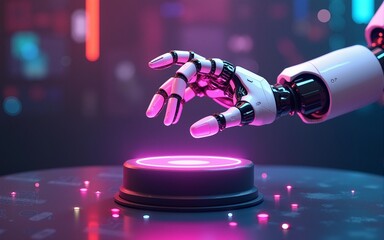 3d illustration rendering of robot hand with futuristic cyberpunk podium display pedestal, gaming wallpaper scifi background, a esports gamer vs banner sign of neon glow. High quality